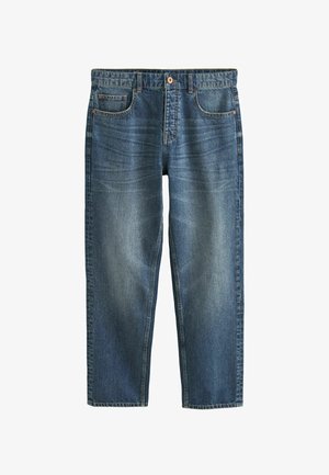 Kék farmernadrág egyenes lábbal, gombos záródással, öt zsebbel és finom elhalványulással az anyagon.