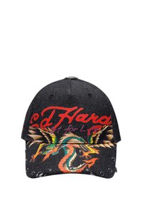 Black denim cap featuring a colorful dragon design, red text, and metal studs along the brim. Distressed texture with vibrant accents.