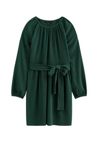 Zielona sukienka o fakturze z okrągłym dekoltem, długimi rękawami i przewiązanym paskiem w talii. Posiada pionowe plisy oraz luźny krój.