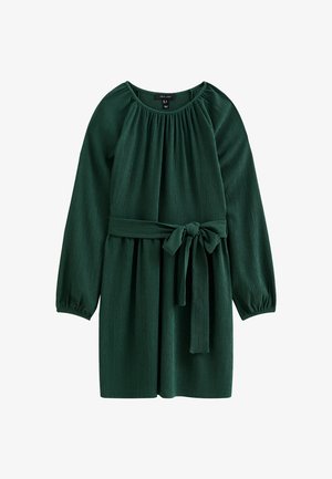 Green textured dress with a round neckline, long sleeves, and a tied belt at the waist. Features vertical pleats and a relaxed fit.