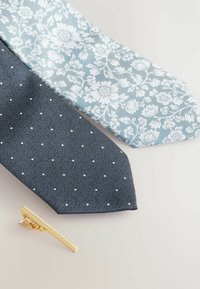 Kaksi solmiota: yksi vaaleansininen, jossa on valkoinen kukkakuvio, ja yksi tummanharmaa, jossa on pieniä valkoisia pisteitä. Mukana on myös kultainen solmioneula.