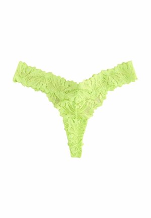 Kanten string in helder limoengroen, met bloempatronen en golvende randen. Rekbare stof, ontworpen met minimale bedekking.