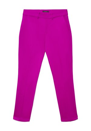 Pantalon slim fuchsia vif avec passants de ceinture, poches latérales et plis avant, taille small, de la marque Calliope.