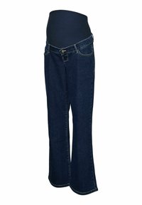 Maternitātes džinsi tumši zilā denīmā, ar plašu elastīgu jostasvērtu ērtībai, taisna piegriezuma kājām un dubulti šūtu šuvēm.