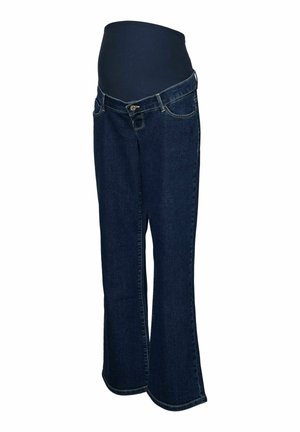 Gravidjeans i mörkblå denim, med en bred elastisk midja för komfort, bootcut benutformning och dubbelsydda sömmar.