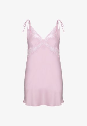 Hellrosa Satin-Negligé mit Spitzenbesatz, V-Ausschnitt und verstellbaren Trägern mit Bindeband.