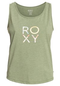 Vihreä toppi, joka on valmistettu pehmeästä kankaasta ja jossa on keskellä monivärinen "ROXY"-logo. Yksinkertainen muotoilu, jossa on pyöreä pääntie ja hihaton leikkaus.