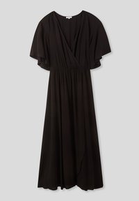 Abito nero avvolgente in tessuto morbido, con maniche corte svolazzanti, scollatura a V profonda e vita elasticizzata per il comfort. Design lungo fino al pavimento.