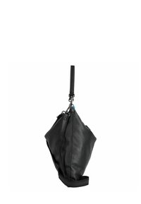 Borsa a tracolla in pelle nera con finitura texturizzata, forma triangolare, chiusura con zip superiore e tracolla regolabile. Include un accento decorativo blu.