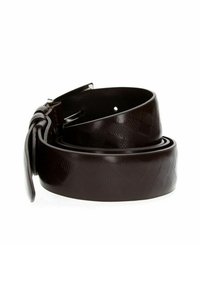 Cintura in pelle marrone scuro con un motivo a diamante testurizzato, finitura liscia e fibbia in metallo argentato, arrotolata a forma circolare.