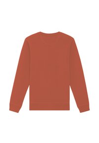 Sweatshirt couleur rouille avec des manches longues, un col rond et des poignets et un ourlet côtelés. Fabriqué en tissu doux avec une texture lisse.
