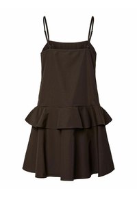 Vestido marrón hasta la rodilla con tirantes de espagueti, un corsé ajustado y un dobladillo con volantes. Fabricado en un tejido suave con una textura blanda.