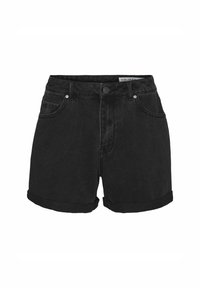 Shorts in denim nero con vita alta, orli risvoltati e design a cinque tasche. Caratterizzati da chiusura con bottone e passanti per cintura.