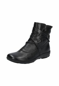 Bottine en cuir noir avec des sangles enroulées, bout rond, texture lisse, semelle extérieure flexible et accent de bouton décoratif.