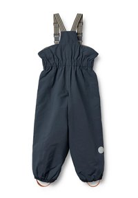 Marineblaue wasserdichte Latzhose mit elastischem Bund, verstellbaren gestreiften Trägern und elastischen Bündchen. Mit einem runden Logo am Bein.