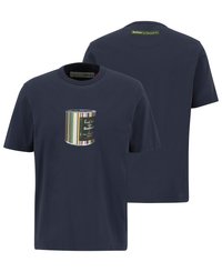 T-shirt de algodão azul marinho com decote redondo e mangas curtas. O design frontal inclui uma gráfica de um balde de tinta listrado com texto.