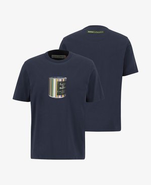 Navy cotton t-shirt featuring a round neckline and short sleeves. Front design includes a striped paint can graphic with text.