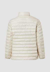 Puffige, gesteppte Jacke in Elfenbein. Mit horizontaler Naht, hohem Kragen und langen Ärmeln. Glatte, leichte Stoffstruktur.