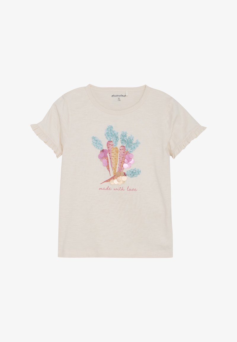 Lys beige kortærmet T-shirt med et farverigt isvaffel-tryk med blå og pink accenter samt rynkede ærmekanter. Teksten siger "lavet med kærlighed."