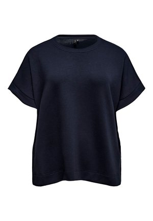 Tumši zils īss piedurkņu džemperis ar uzlocītām aprocēm un apaļu kakla izgriezumu, attēlots uz balta fona.