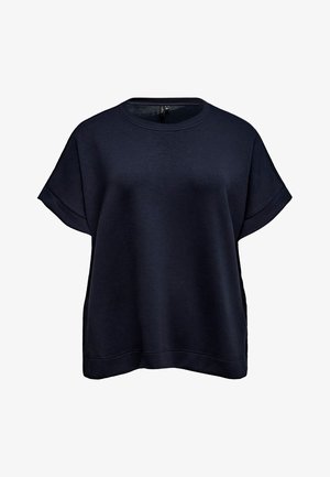 Dunkelmarineblaues Sweatshirt mit kurzen Ärmeln, aufgekrempelten Bündchen und rundem Ausschnitt, präsentiert vor weißem Hintergrund.