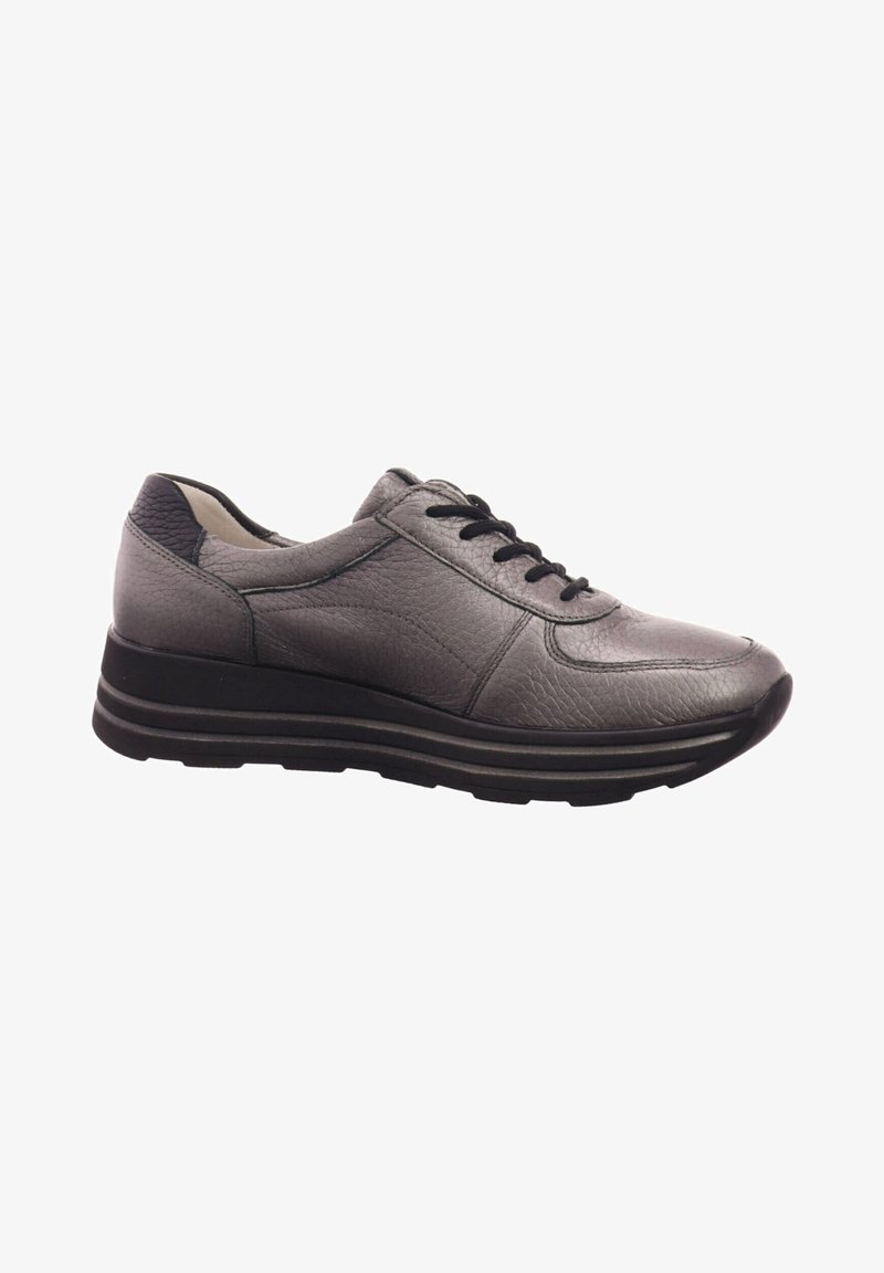 Gray leather sneaker with textured finish, lace-up design, padded collar, and a thick black sole with horizontal grooves.