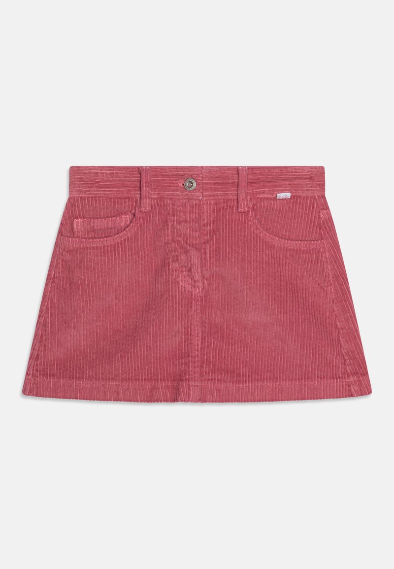 Puhaszövetből készült, világos rózsaszín szoknya, melynek testhezálló dereka, övhurkai, két elülső zsebe, valamint diszkrét függőleges bordázott textúrája van.