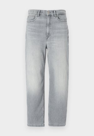 Lys grå denim jeans med en falmet finish, der har et lige snit, fem lommer, bæltestropper og en enkelt knaplukning.