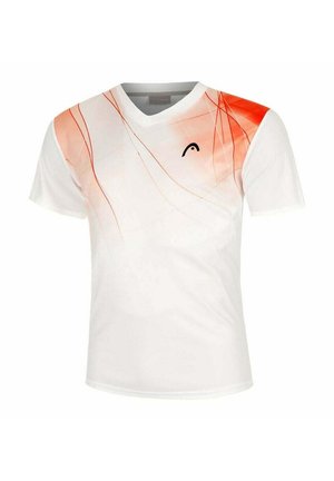 Weißes Sport-T-Shirt mit V-Ausschnitt, das abstrakte orange Linien und ein kleines schwarzes Logo auf der Brust zeigt. Glattes, leichtes Material.