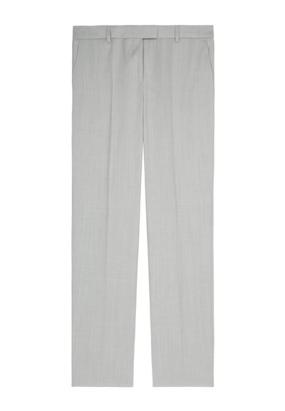 Lichtgrijze op maat gemaakte broek met een gladde textuur, voorzien van een vlakke voorkant, twee zijzakken en een nette rechte pijp.