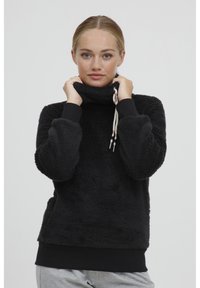 Sort, fuzzy pullover med høj hals og snor. Justerbare ærmer og nederste kant. Blød tekstur og afslappet pasform.