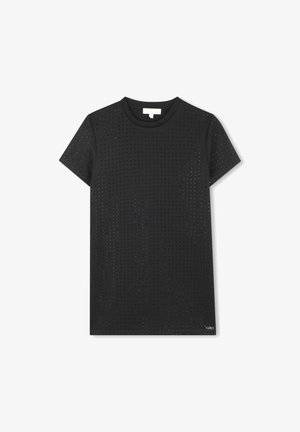 T-shirt noir confectionné dans un tissu lisse avec des motifs perforés partout. Comprend un col rond classique et des manches courtes.