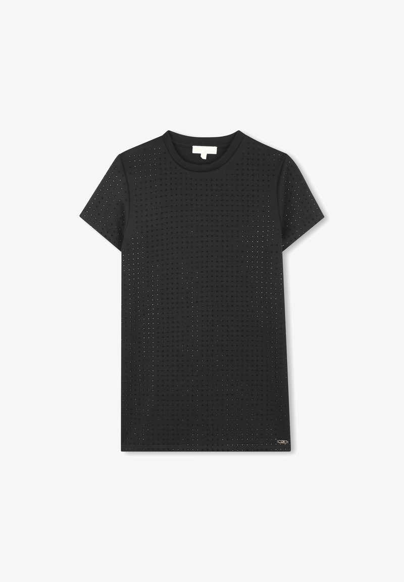 T-shirt noir confectionné dans un tissu lisse avec des motifs perforés partout. Comprend un col rond classique et des manches courtes.