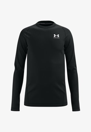 Maglietta sportiva nera a maniche lunghe realizzata in un tessuto liscio e traspirante. Presenta un colletto rotondo e un piccolo logo bianco sul petto.