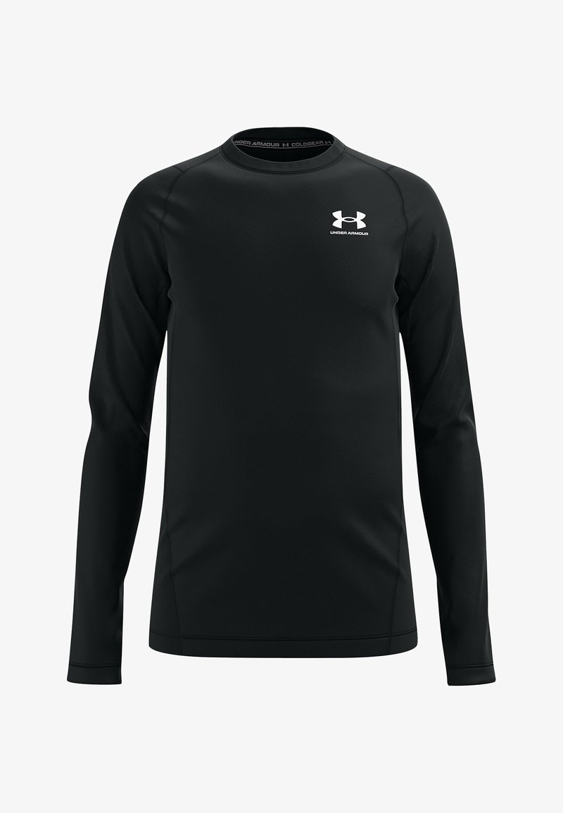 Maglietta sportiva nera a maniche lunghe realizzata in un tessuto liscio e traspirante. Presenta un colletto rotondo e un piccolo logo bianco sul petto.