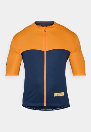 Maglietta da ciclismo a maniche corte, con zip frontale. Parte superiore arancione e parte inferiore blu navy. Realizzata in tessuto traspirante ed elastico.