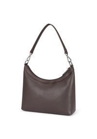 Braune Ledertasche mit strukturierter Oberfläche, gebogenem oberen Öffnung und einem einzelnen Riemen mit silberfarbener Hardware.