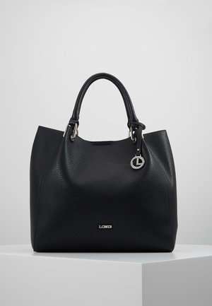 Black leather handbag with a textured finish, featuring silver hardware, top handles, and a metal logo accent on the front.
