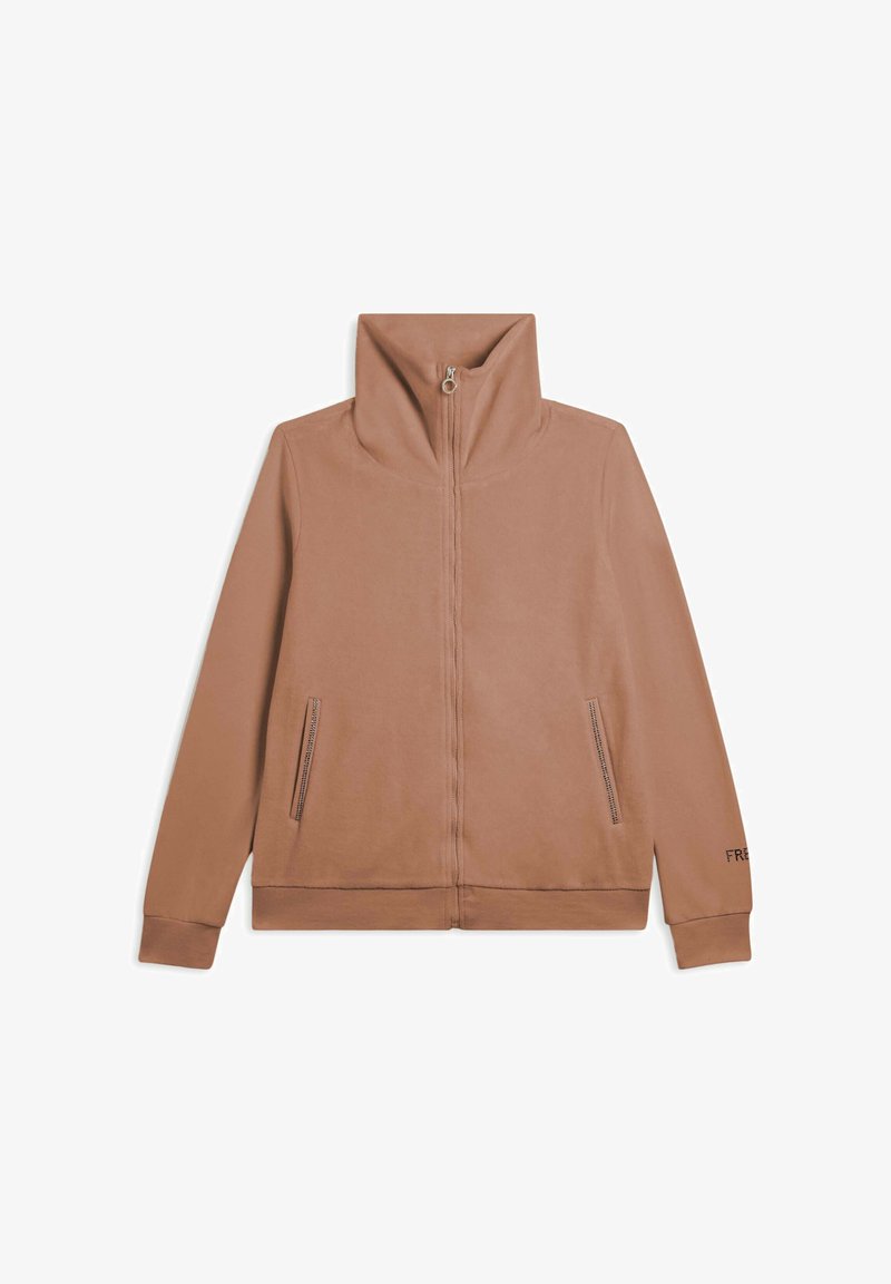 Giacca marrone con zip e colletto alto, due tasche laterali e polsini a costine. Tessuto liscio con minimal embellishments e un logo sulla manica.