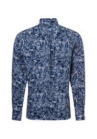 Blauw langslavenshirt met een wit bladerenpatroon, nauwsluitende pasvorm, knoopsluiting bij de kraag en manchetknoopjes. Zachte, gladde stofstructuur.