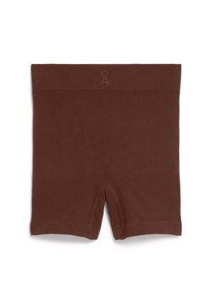 Braune gerippte Shorts mit einem breiten Bund. Auf dem Bund befindet sich ein kleines Emblem. Hat eine glatte Textur und ein eng anliegendes Design.