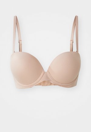 Lightweight nude push-up bra with smooth cups, adjustable straps, and a hook-and-eye closure. Soft fabric with a seamless design.