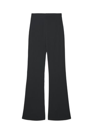 Pantaloni neri a zampa realizzati in tessuto liscio, con vita alta e design minimalista. Nessun motivo o dettaglio particolare presente.