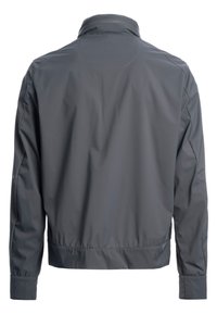 Graue, leichte Jacke mit hohem Kragen, elastischen Bündchen und cropped Saum. Glatte Textur ohne sichtbare Muster oder Beschläge.