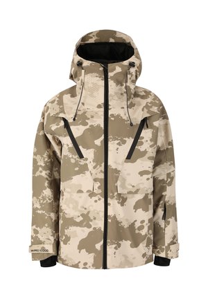 Beige- und braunfarbige Camouflage-Jacke mit Kapuze, Frontreißverschluss, zwei Fronttaschen und schwarzen Reißverschlüssen. Wasserabweisender Stoff mit glatter Textur.