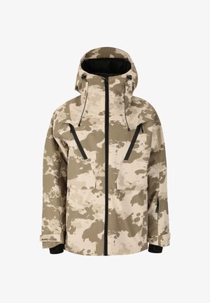 Beige en bruine camouflagejack met een capuchon, voorkant met ritssluiting, twee voorzakken en zwarte ritsen. Waterdichte stof met een gladde textuur.