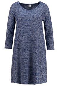 Granatowa sukienka z długim rękawem i okrągłym dekoltem, wykonana z melanżowej tkaniny. Charakteryzuje się luźnym krojem i długością do kolan.