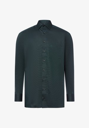 Camicia a maniche lunghe verde scuro in tessuto testurizzato, con bottone frontale, taschino sul lato sinistro e bottoni neri.