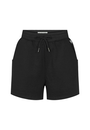 Czarne bawełniane szorty z elastycznym pasem, sznurkiem do regulacji, dwoma bocznymi kieszeniami oraz subtelnym detalem logo na dolnym lewym boku. Gładka struktura.