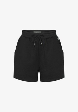 Czarne bawełniane szorty z elastycznym pasem, sznurkiem do regulacji, dwoma bocznymi kieszeniami oraz subtelnym detalem logo na dolnym lewym boku. Gładka struktura.